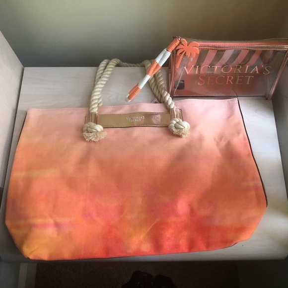 New Victoria’s Secret Orange and Ombré Gold Tote & Sunset Striped Wristlet - Picture 6 of 7